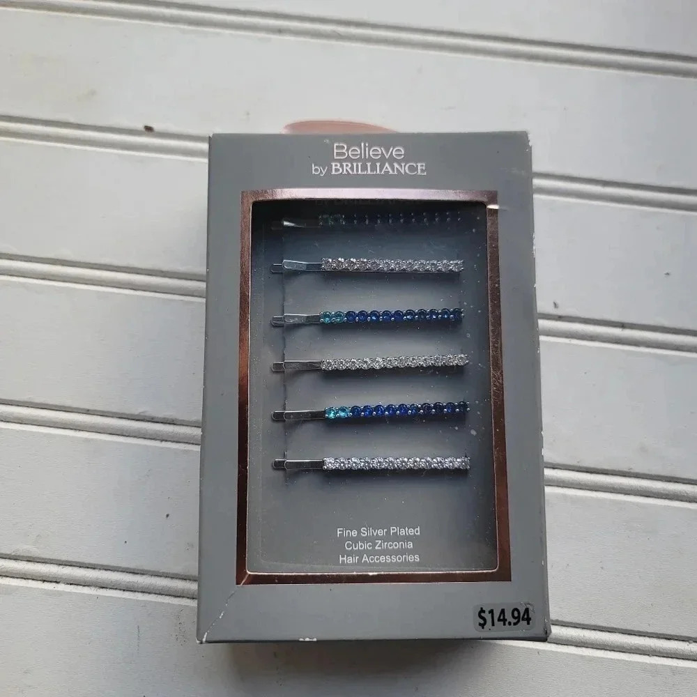 Believe by Brilliance Lot Of 6 Fine Silver Plated Zirconia Hair Pins Blue